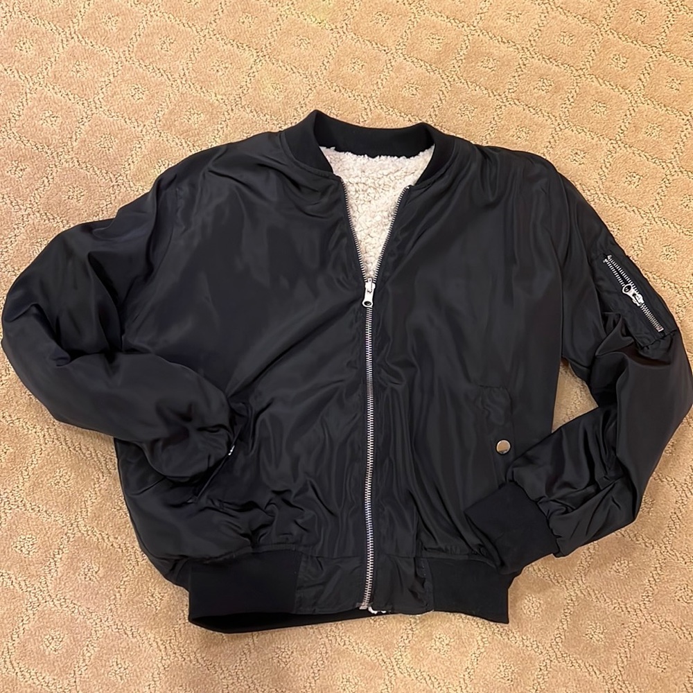 Black fleece lined silk looking bomber jacket size S